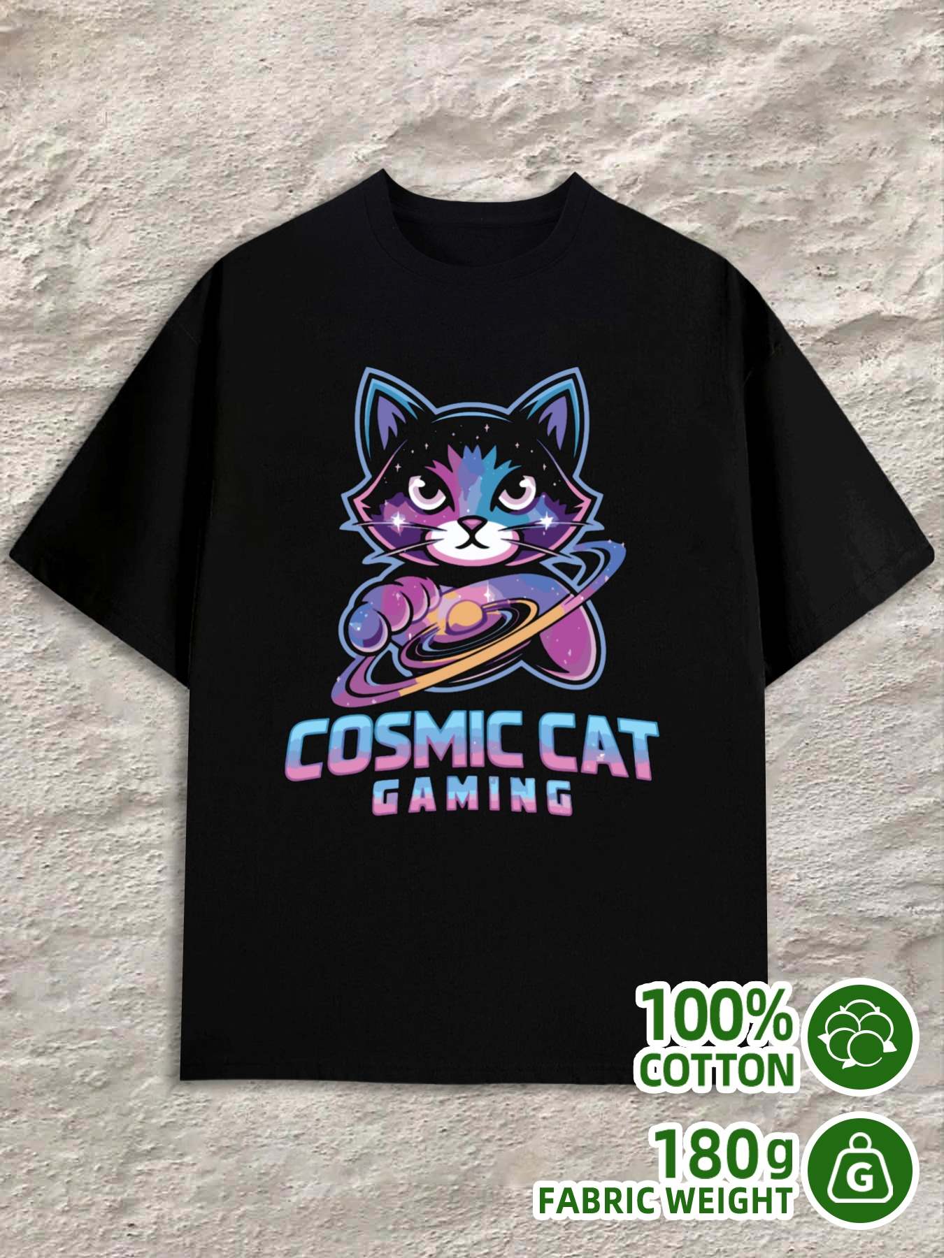 T-Shirt Y2K Cosmic Cat Gaming Black Regular Fit M