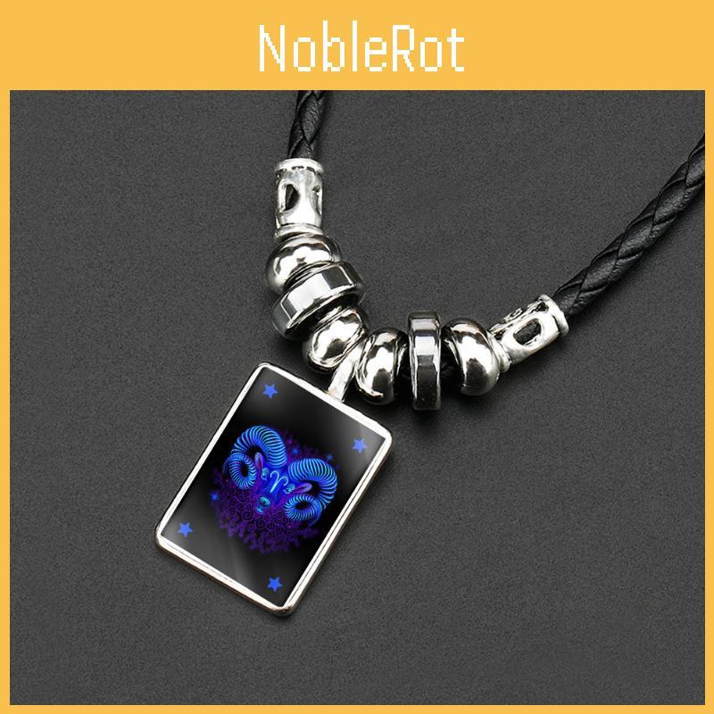 Unique Geometric Shape Zodiac Sign Pendant On Black Leather Rope Necklace