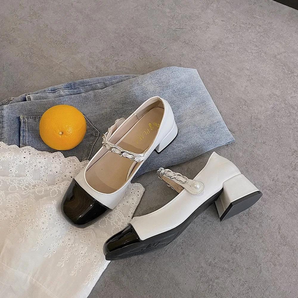 Fashion 2025 Spring New Women's Mary Jane High Heels Autumn French Retro Style Colorblocked Thick Heel Round Toe Single Shoes for Women