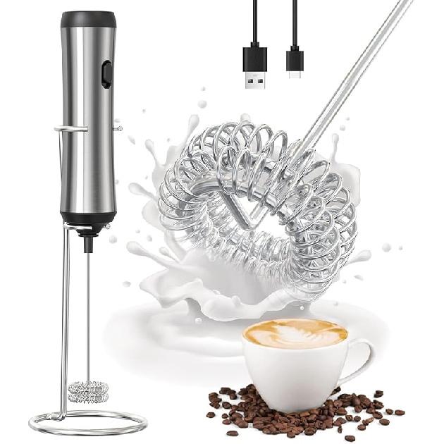 Rechargeable Milk Frother,Milk Frother Handheld,Coffee Mixer with Stand,Detachable StainlessSteel Whisk,forLattes,Cappuccino,Matcha,Etc. (Black)