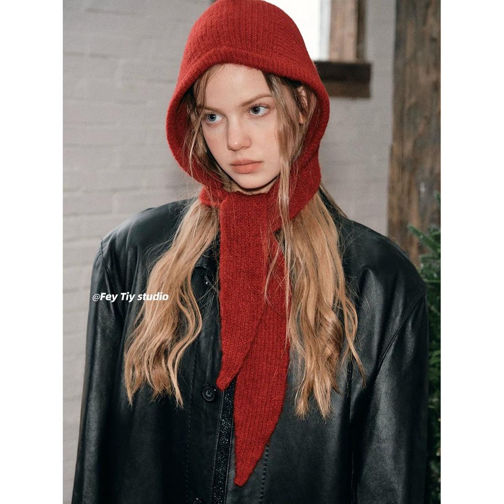 ins Little Red Riding Hood Autumn and Winter Straps Warm Balaclava Hat Stylish Vintage Pullover Ear Cap Women