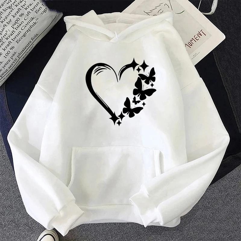 Love and Butterfly Pattern Hoodie Autumn Winter Women Casual Fashion Hip Hop Street Hoodies Simple Fleece O-Neck Sweatshirts