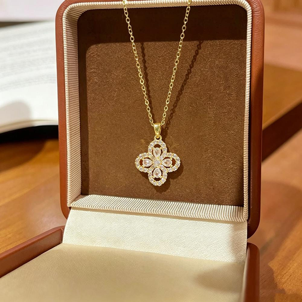 Korean Style Luxury Clover Titanium Necklace with Zircon - Stylish Women's Clavicle Chain