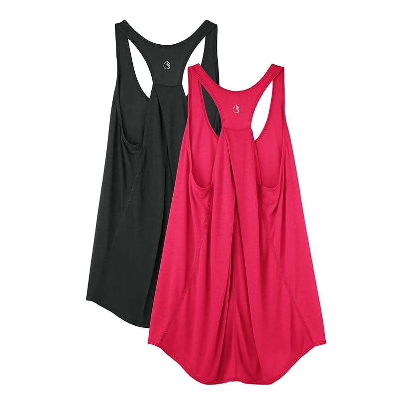 

[icyzone] tank top ladies workout tops loose ventilation soft lightweight racerback beach running Gym yoga shirt, 2 sets (Black/Red,XL)