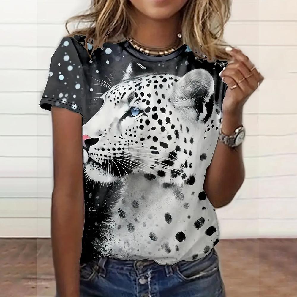 Women's Fashionable Short Sleeve T-Shirts 3d Leopard Print Top Tees Spring & Summer Breathable Women's Casual Pullovers & Blouse