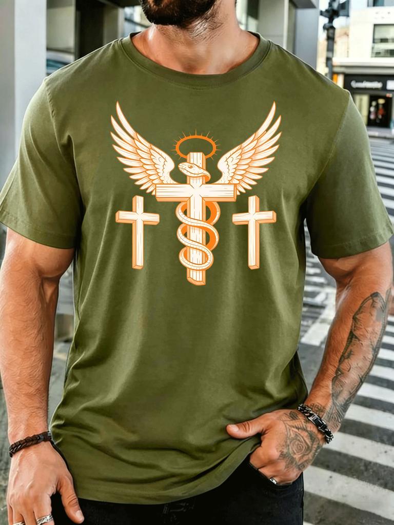 Three Crosses Winged Snake Religious Art Unisexs T Shirt Faith Symbol Graphic Tee Casual Short Sleeve Top Christian Believer Gift