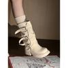 French Cream White Platform Short Boots Women's Medium Tube Pleated Trousers Stacking Boots 2025 Autumn Belt Buckle Retro Knight Boots