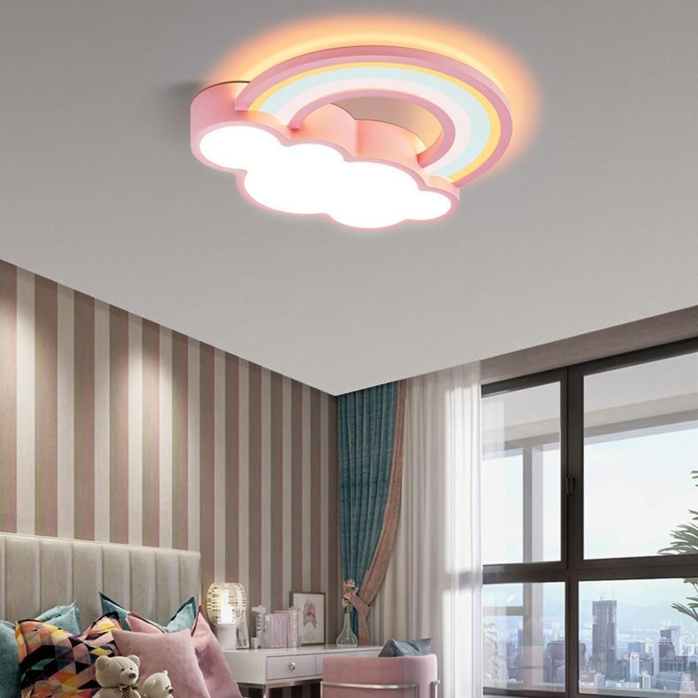 72W Kids Room Cloud Ceiling Light LED Dimmable Bedroom Flush Mount Ceiling Light Acrylic Shade Modern Cartoon Rainbow Pink Large Low Ceiling Lamp for