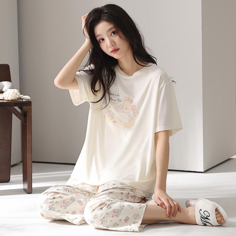 Pajamas women's summer thin Modal cotton short-sleeved cropped pants 1011 new floral loungewear cotton and silk suit