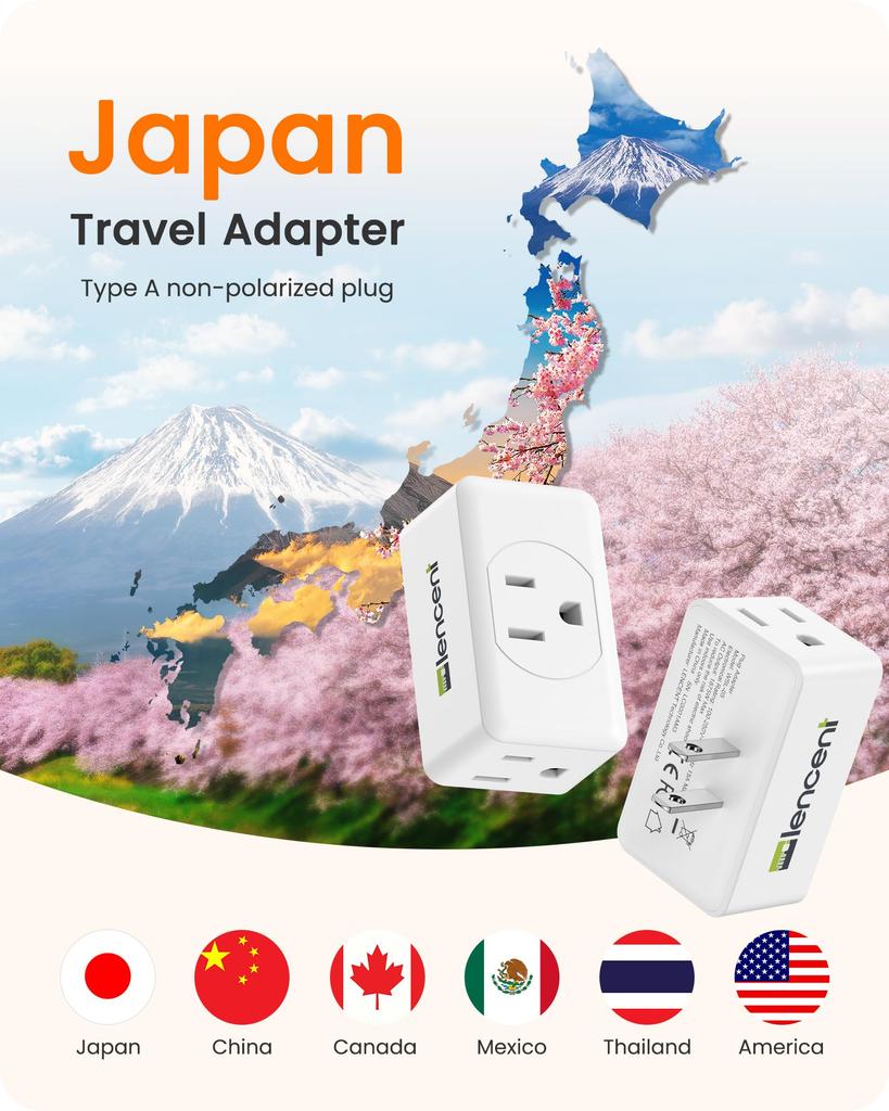 3 Prong To 2 Prong Adapter, LENCENT Plug Extender, Wall Plug Splitter with 3 AC Outlets, Travel Power Adapter for US To Japan Japanese