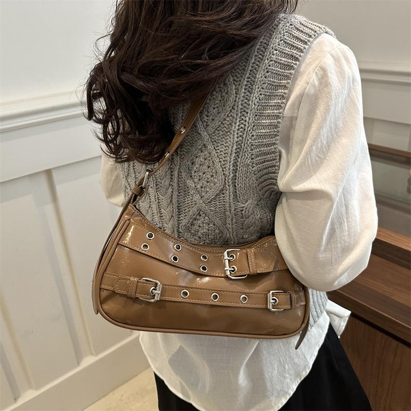 Y2k Retro Rivet Simple Women Shoulder Bag Solid Color Commuter Cool Hot Girls Pu Handbags Casual Ladies Underarm Crossbody Bags