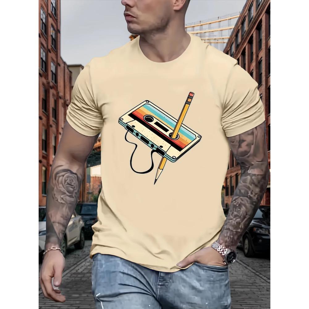 Retro Cassette Print T-Shirt - -Elastane Blend, Casual Crew Neck, Slight Stretch, Summer Knit Fabric Top for Men