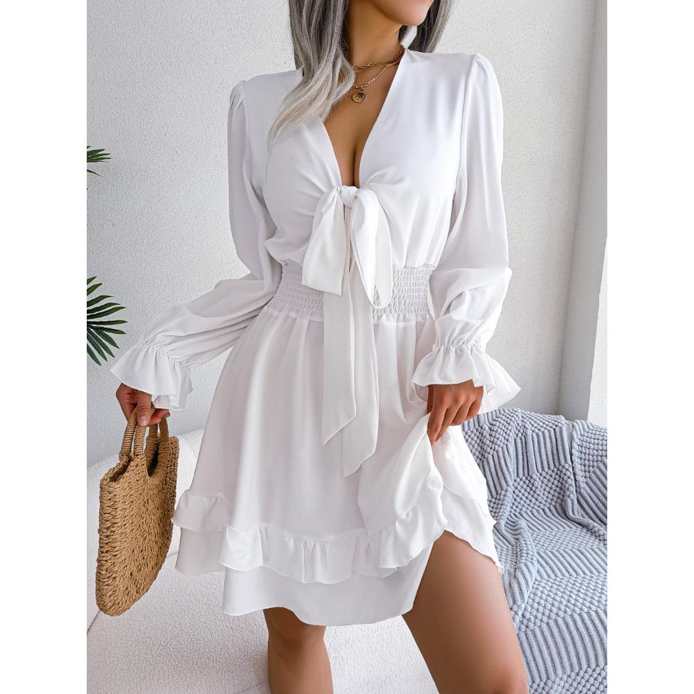 

Весенне-осеннее женское платье, повседневное платье со шнуровкой на талии и деревянным краем уха XL белый