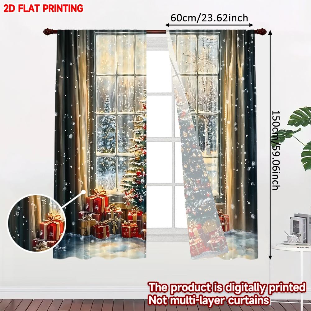Set Of 2 Classic Flat Printing Christmas Curtains Tree Gifts Digital Printed Polyester Drapes Festive Use Curtain