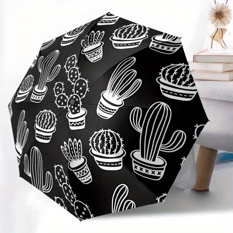 

1pc Automatic Open/Close Umbrella with Cactus Pattern - Black & White Desert Decor, 8-Rib Sturdy Canopy, Compact Folding Umbre