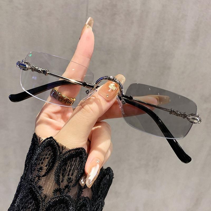 Metal Frameless Photochromic Myopia Glasses Unisex Square Frames Blue Light Protection Minus Diopter Eyeglasses 0 To -4.0
