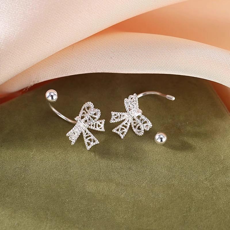 Pravé stříbro 925 Krajkový Srdce Dutý Mašlička Šroubovací Zapínání Piercing Stud Náušnice pro Ženy Jemné Šperky Minimalistické Doplňky