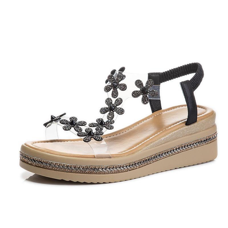 Rhinestone flat-soled sandals for women to wear in the summer of 2025, new women's shoes, versatile, heightening, platform-soled fashion, beach sandal