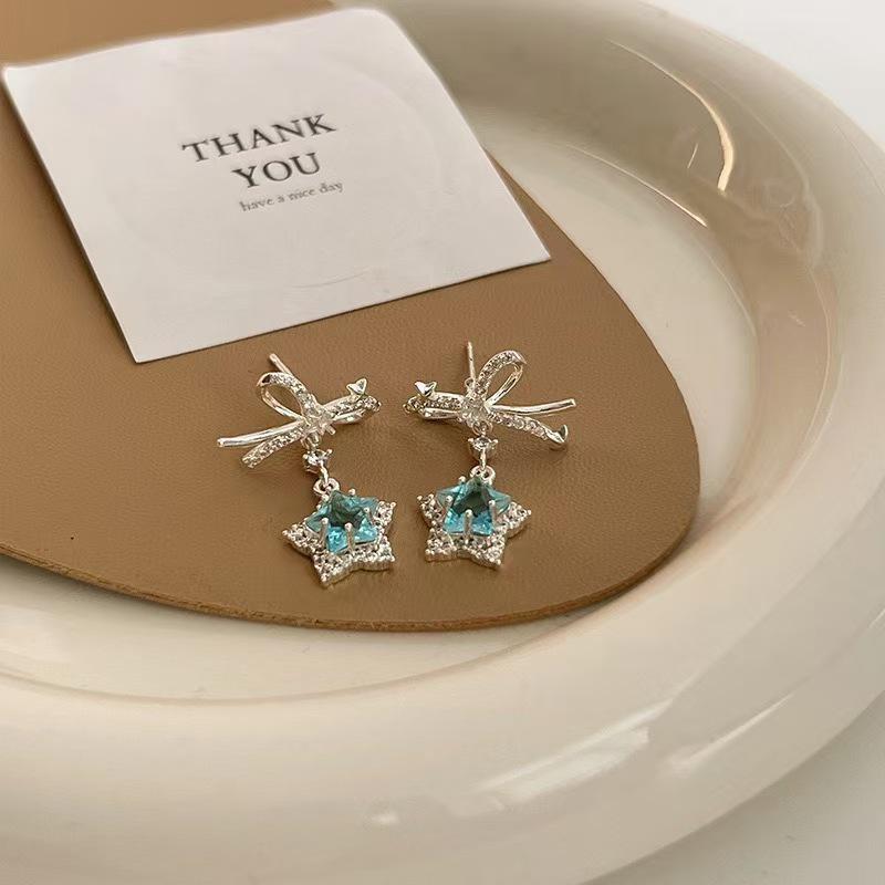 Exquisite Blue Crystal Star Bow Drop Earrings for Women - Versatile and Elegant Studs
