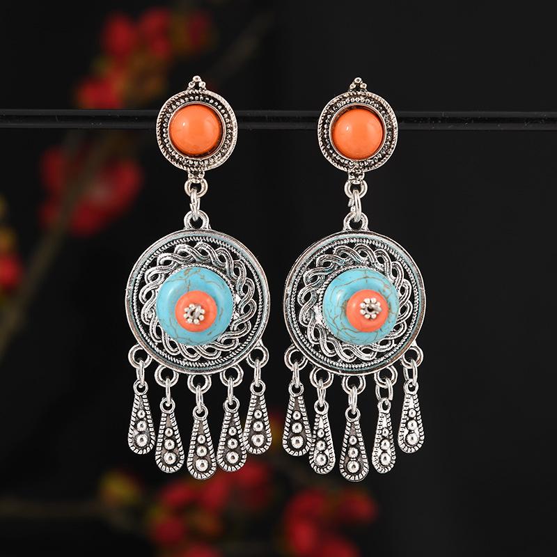 Mongolian minority stud earrings retro women's long tassel Tibetan silver earrings Tibetan exotic Chinese earrings