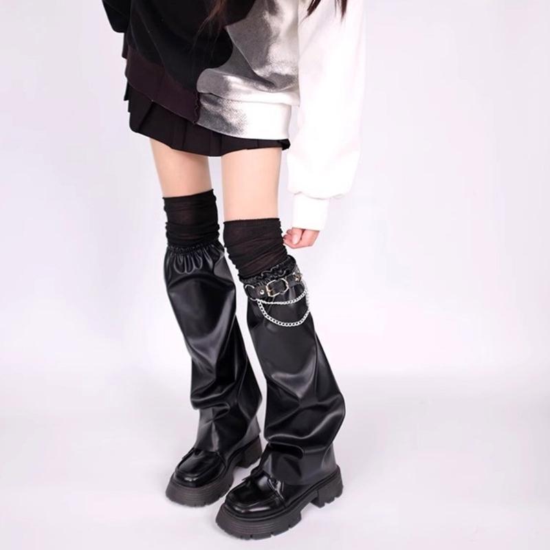 Women's Harajuku Faux Leather Flared Leg Warmers and Over Knee Socks Garter Belt Set for Punk Girls Japanese Streetwear