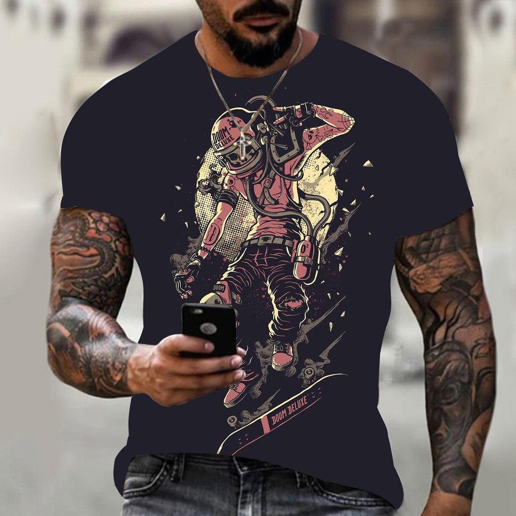 T-shirt z grafiką kosmiczną: Astronauta Koszący Księżyc, Swobodny T-shirt z Krótkim Rękawem