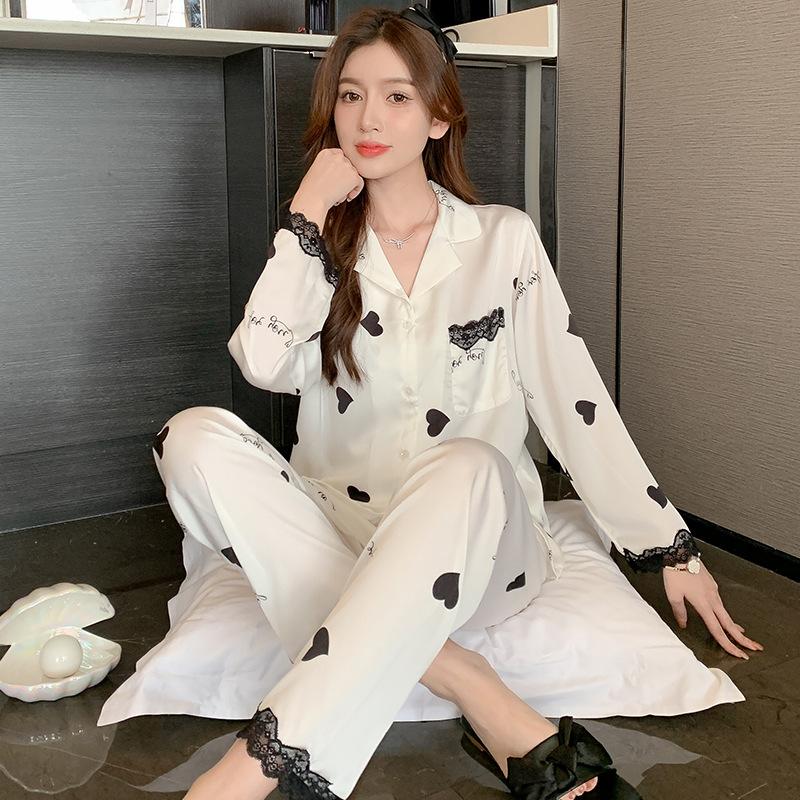 

Женская домашняя одежда из 2 предметов Ice Silk на весну и осень, пижамный комплект с длинными рукавами и длинными брюками, милая и милая домашняя одежда с принтом M белый