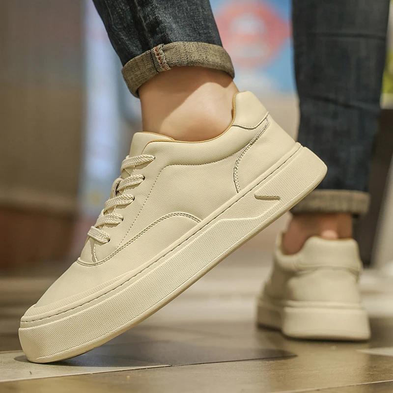 Fashion Luxury Men's High Quality Casual Leather Shoes Comfortable Thick Bottom Designer Lace-up Loafers Fashion Versatile White Shoes