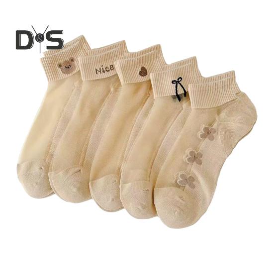 

5 пар женских прозрачных сетчатых носков с рисунком из мультфильмов, летние ультратонкие кружевные носки, нескользящие, невидимые, прозрачные, до щиколотки бежевый