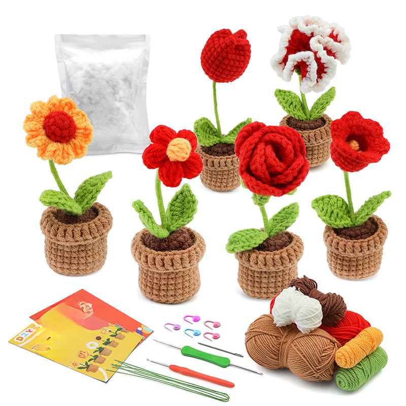 3/6pcs Crochet Potted Flower Kit for Beginners with Video Tutorial Cotton Knitting Yarn Thread Needles Hooks Knit Tool Set