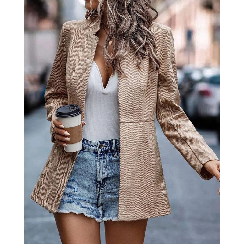 VEZFAA   Women's Fashion Casual Solid Color Print Fall Winter Long Sleeve Stand-Neck Jackets & Coats