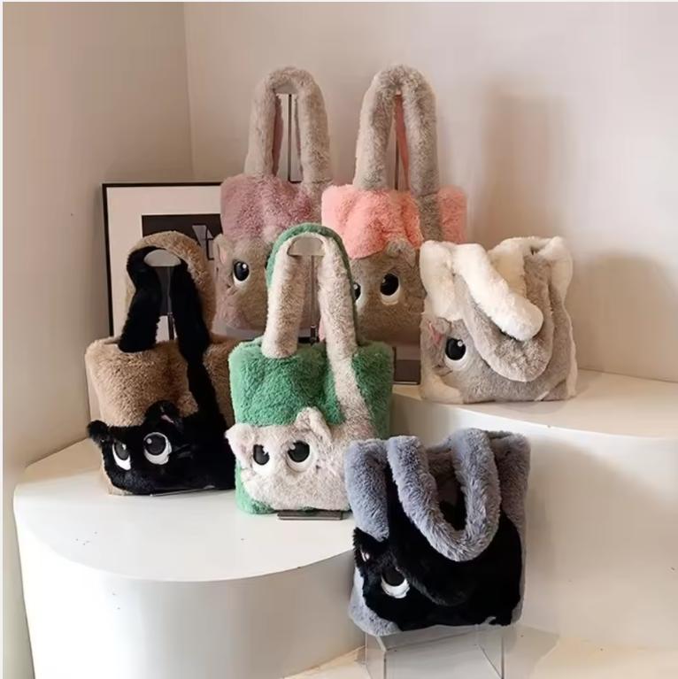 Creative Cartoon Cat Women's Plush Bag Large Capacity Embroidery Tote Bag Simple Fashion Soft Shoulder Bag for Autumn Winter