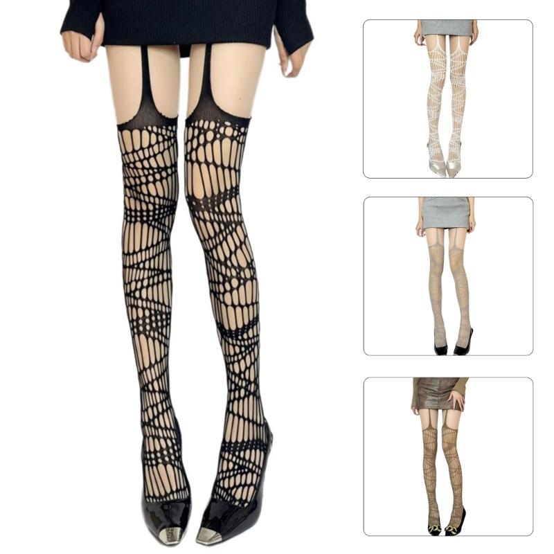 Patterned High Waist Fishnet Pantyhose for Women Aesthetic Garter Belt Thigh High Stockings Sheer Suspender Pantyhose