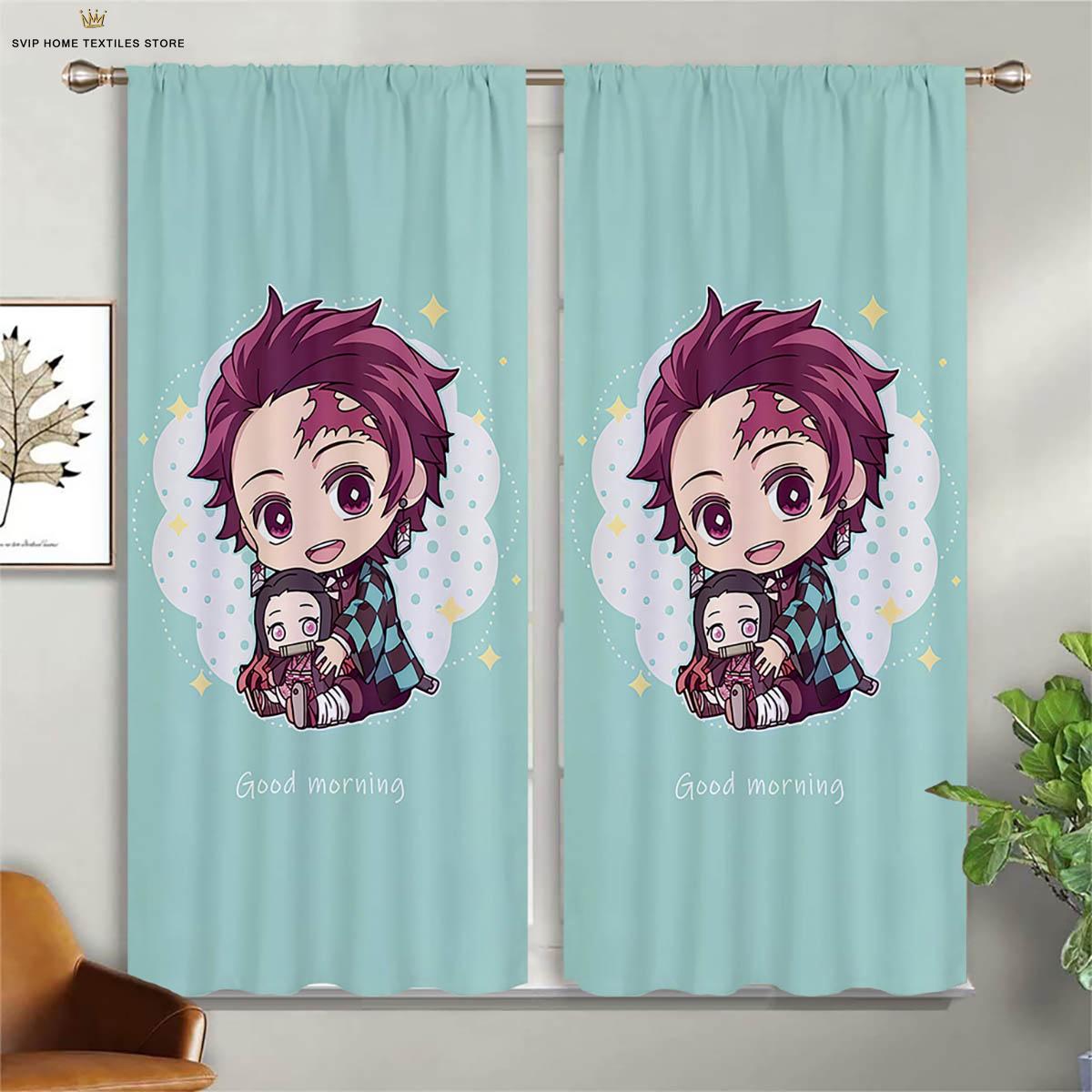 Japanisches Comic-Muster Druck Fenster Vorhänge, Heißblütige Animation, Wohnraum, Arbeitszimmer, Kinderzimmer, Dekorativ, Leicht zu Waschen, W50X130H(CM)X2PCS&Grommet Top
