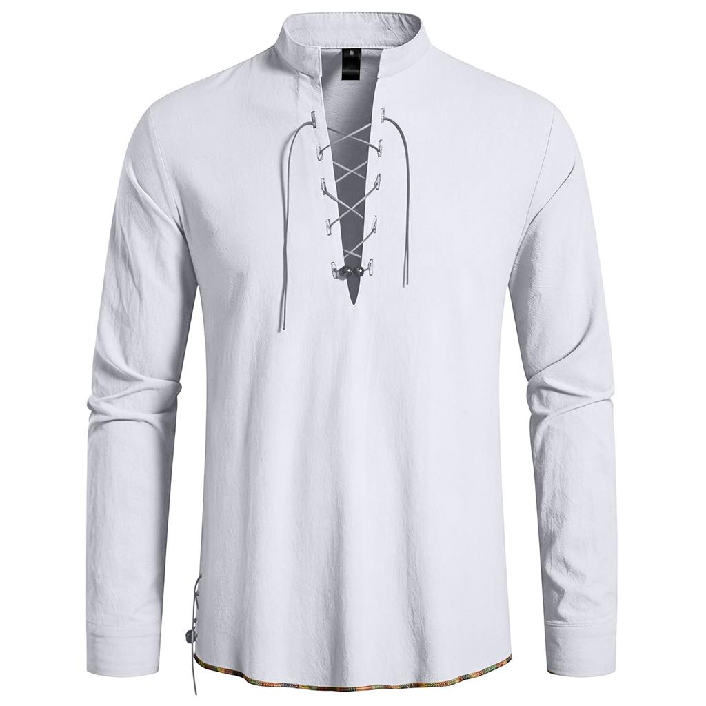 Men's Casual Hippie Style Drawstring Collar Long Sleeve Shirt Cotton Linen Blend Lightweight Comfortable Top for Everyday Wear