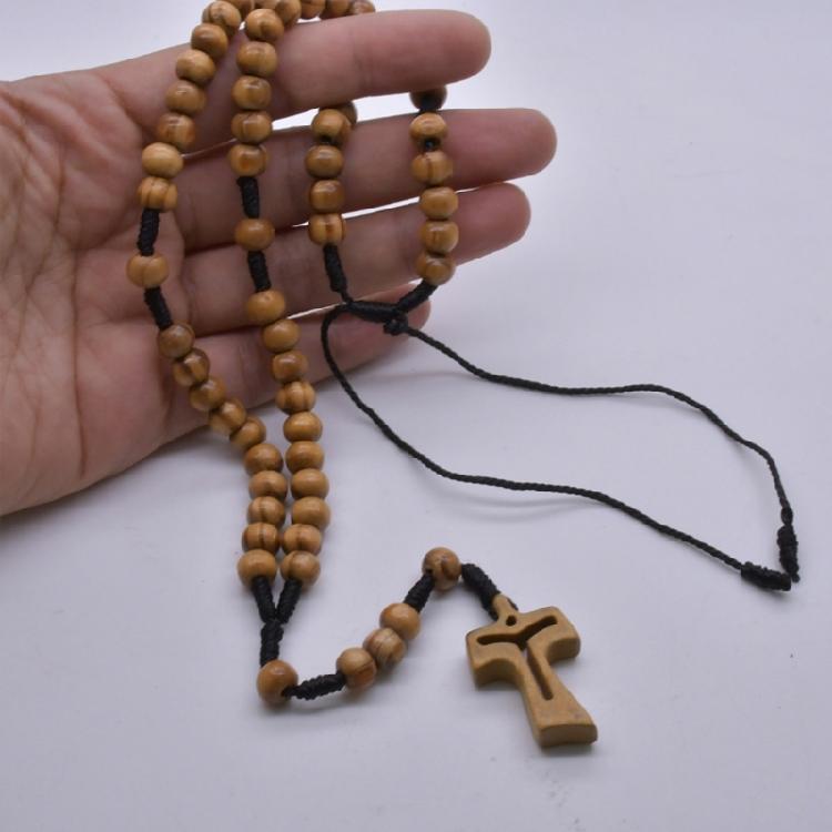 Handmade Devotional Wood Beads Rosary Necklace with Crosses Pendant for Christian Prayer Ceremony Jewelry Neckpiece