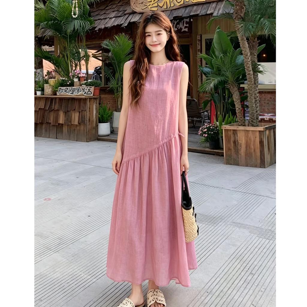 Lazy Wind Pink Cotton and Linen Sleeveless Dress Women's Summer Loose and Thin Temperament Vacation Travel Photo Long Dress Tide