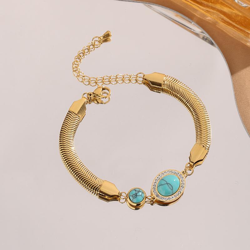 Titanium Steel Bracelet Turquoise Diamond Round Snake Bone Bracelet