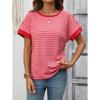 Damen Gestreiftes Waffelstrick T-Shirt Mit Kontrastbesatz Kurzarm Lässiges Rundhals-T-Shirt