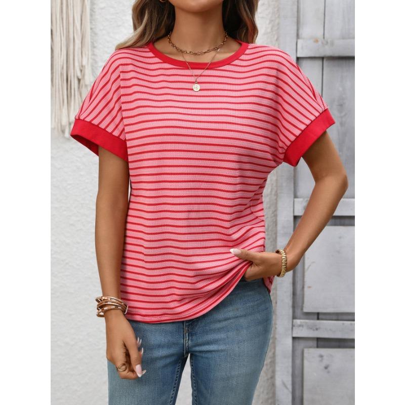 Damen Gestreiftes Waffelstrick T-Shirt Mit Kontrastbesatz Kurzarm Lässiges Rundhals-T-Shirt