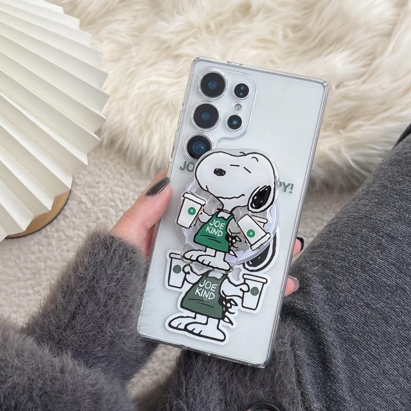 Cute Cartoon Funny Snoopy coffee Phone Case For Samsung S22 S23 S22 S24 S25 S26 Ultra Plus Snoopy Cear TPU Magnetic Cover