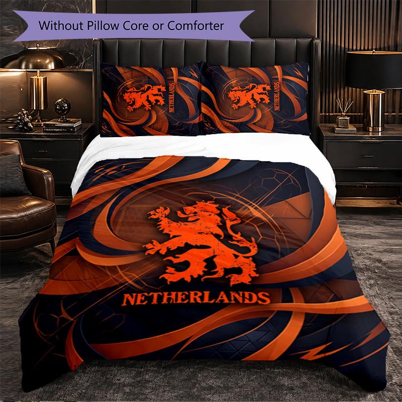 Netherlands Football Pattern 3 Pieces Bedding Set Soft Microfiber Duvet Cover with Pillow Cases for Bedroom