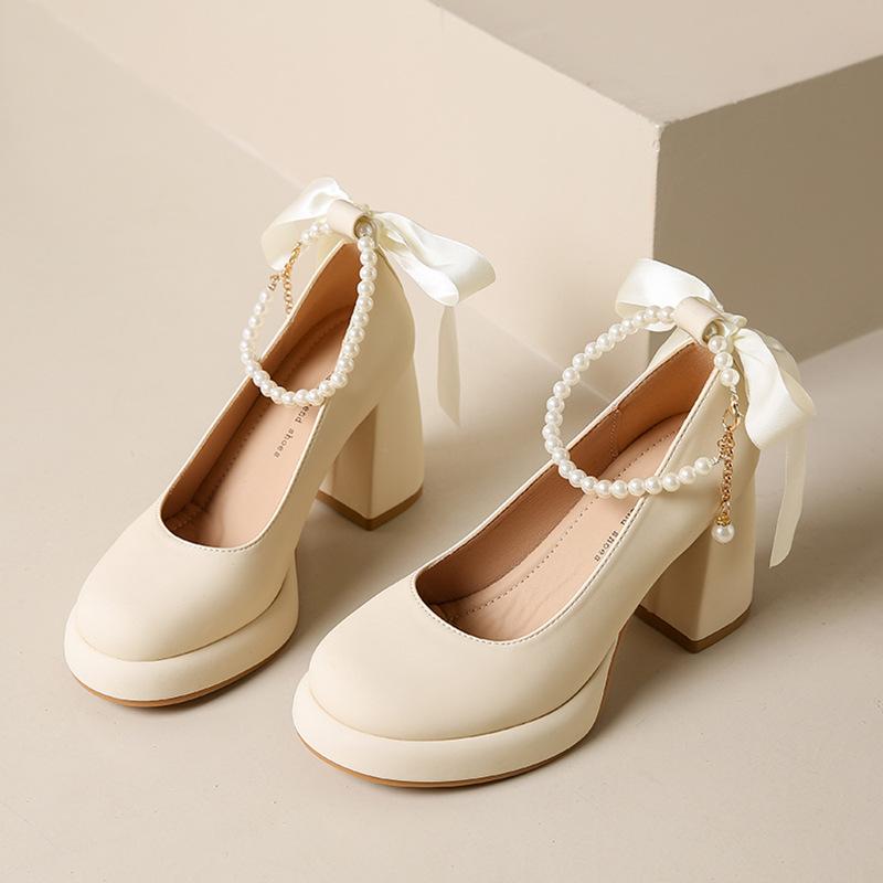 Soft Leather High Heels Women's Spring New Pearl French Thick Heel White Mary Jane Gentle Wind Light Mouth Single Shoes Women