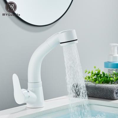 Weißer Ausziehbarer Badezimmer-Waschtischhahn Heiß-Kaltwasser-Mischer Schwenkhahn Hochziehbar Verchromt 360-Grad-Wassermischer Höhenverstellbarer Wasserhahn