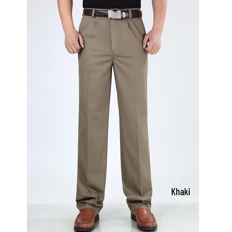 Men's High Waist Double Pleated Cotton Pants - Spring/Summer, Loose Straight Leg, Plus Size