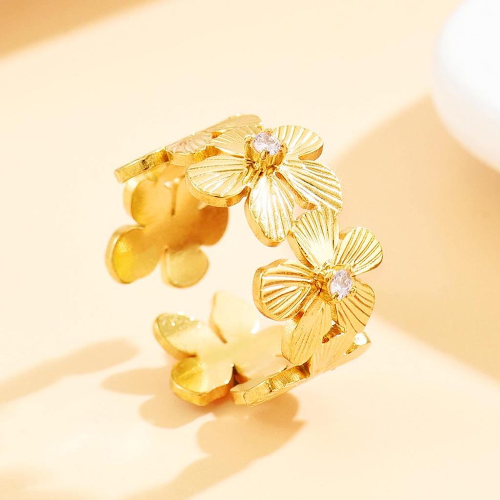 Adjustable Floral Gold-Plated Stainless Steel Ring - Fade Resistant, European & American Resort Style for Women
