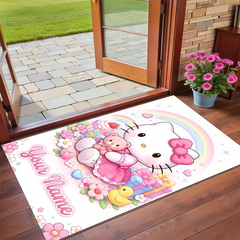Crystal Velvet Rug Custom Name Text, Soft Non Slip Floor Mat Home DecorHello Kitty