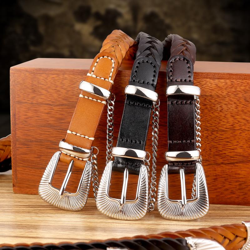 Women's Genuine Leather Woven Belt - Handmade, Punch-Free, Pin Buckle, Decorative Cowhide, In Stock