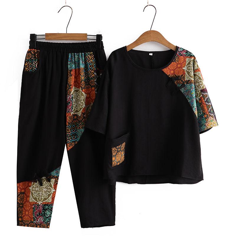 Mom's Summer Outfit, Women's, Middle-aged and Elderly, Short Sleeved, Ethnic Style Two-piece Set, Grandmother's and Elderly's Summer Clothes
