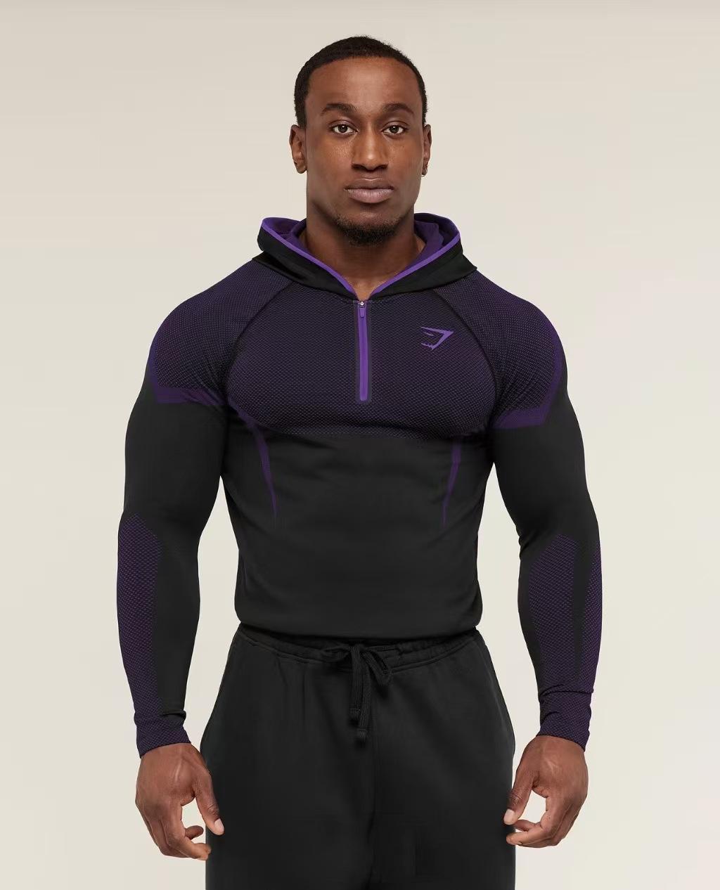 Herren Slim Fit Shark Muskel-Show Schnelltrocknendes Langarm-Halbzip-Kapuzentop für Laufen & Radfahren S black